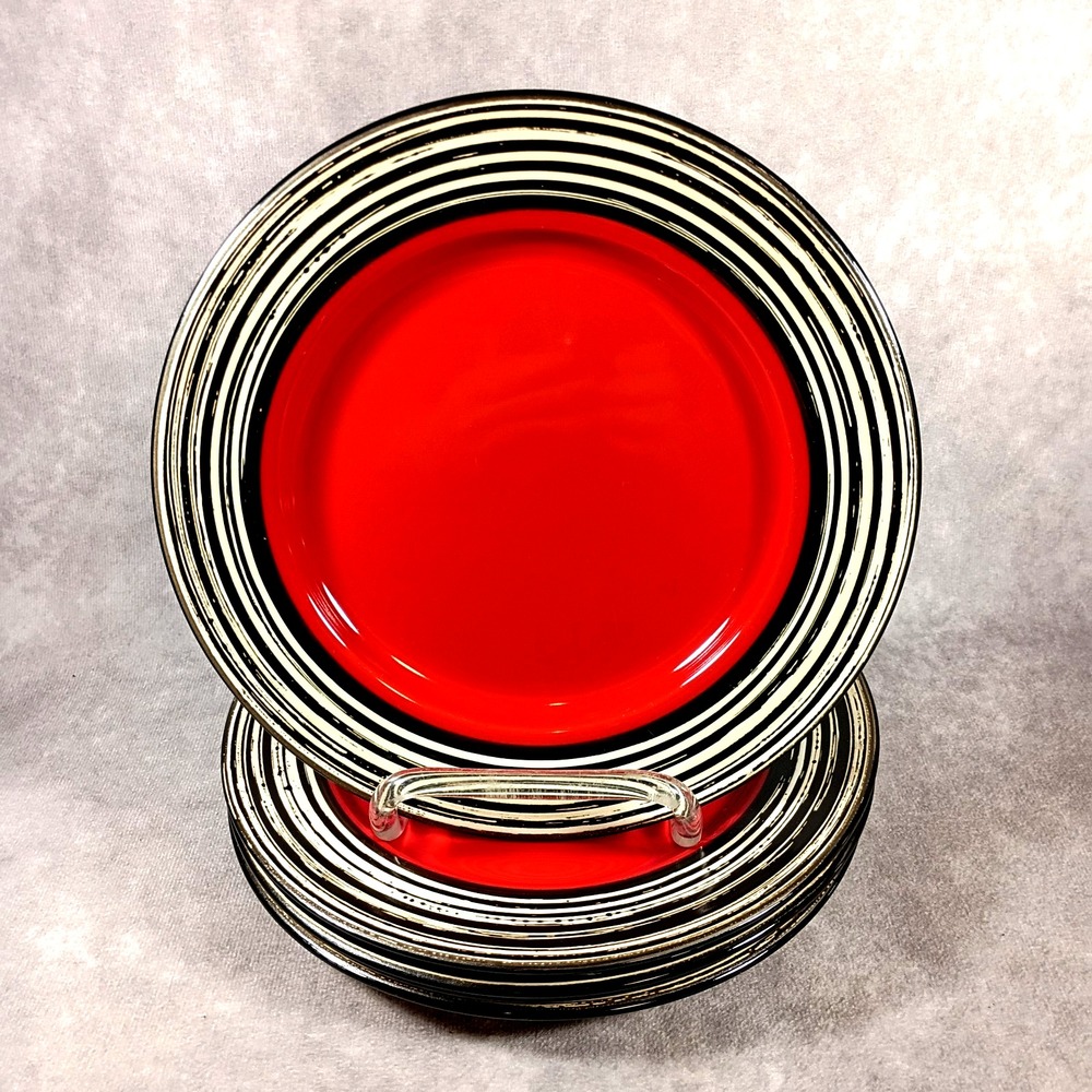 Thomson Pottery Tahiti Carmine Red Black‎ 8" Salad Plates Set of 4